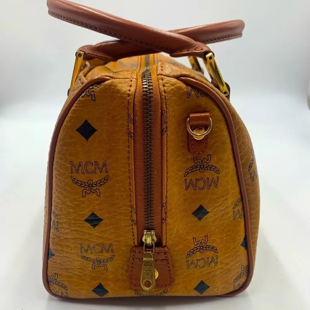 Auth MCM Visetos Cognac Brown Coated Canvas Leather Boston Tote Handbag Preloved